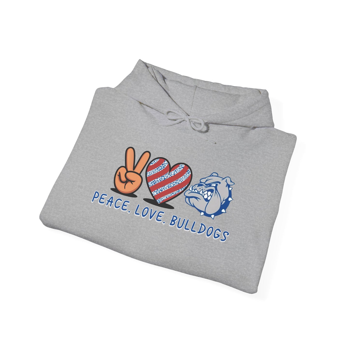 Peace Love Bulldogs Hoodie - Unisex Heavy Blend™ Sweatshirt, Casual Wear, Gift for Dog Lovers, Cozy Sweater, College Spirit Apparel