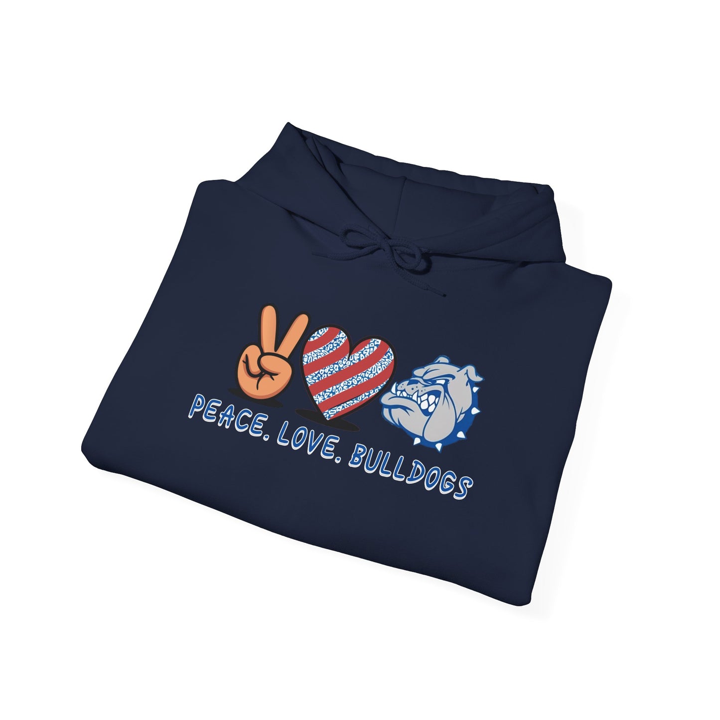 Peace Love Bulldogs Hoodie - Unisex Heavy Blend™ Sweatshirt, Casual Wear, Gift for Dog Lovers, Cozy Sweater, College Spirit Apparel