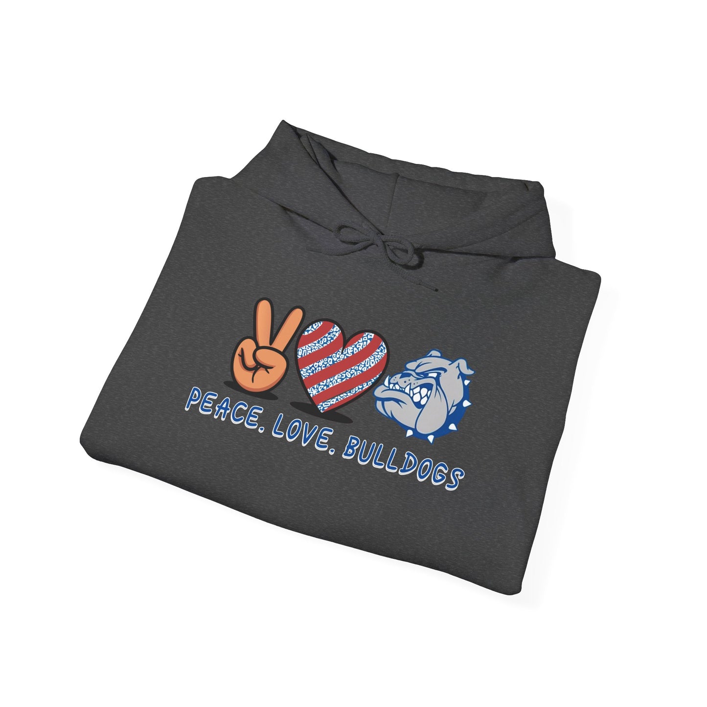 Peace Love Bulldogs Hoodie - Unisex Heavy Blend™ Sweatshirt, Casual Wear, Gift for Dog Lovers, Cozy Sweater, College Spirit Apparel