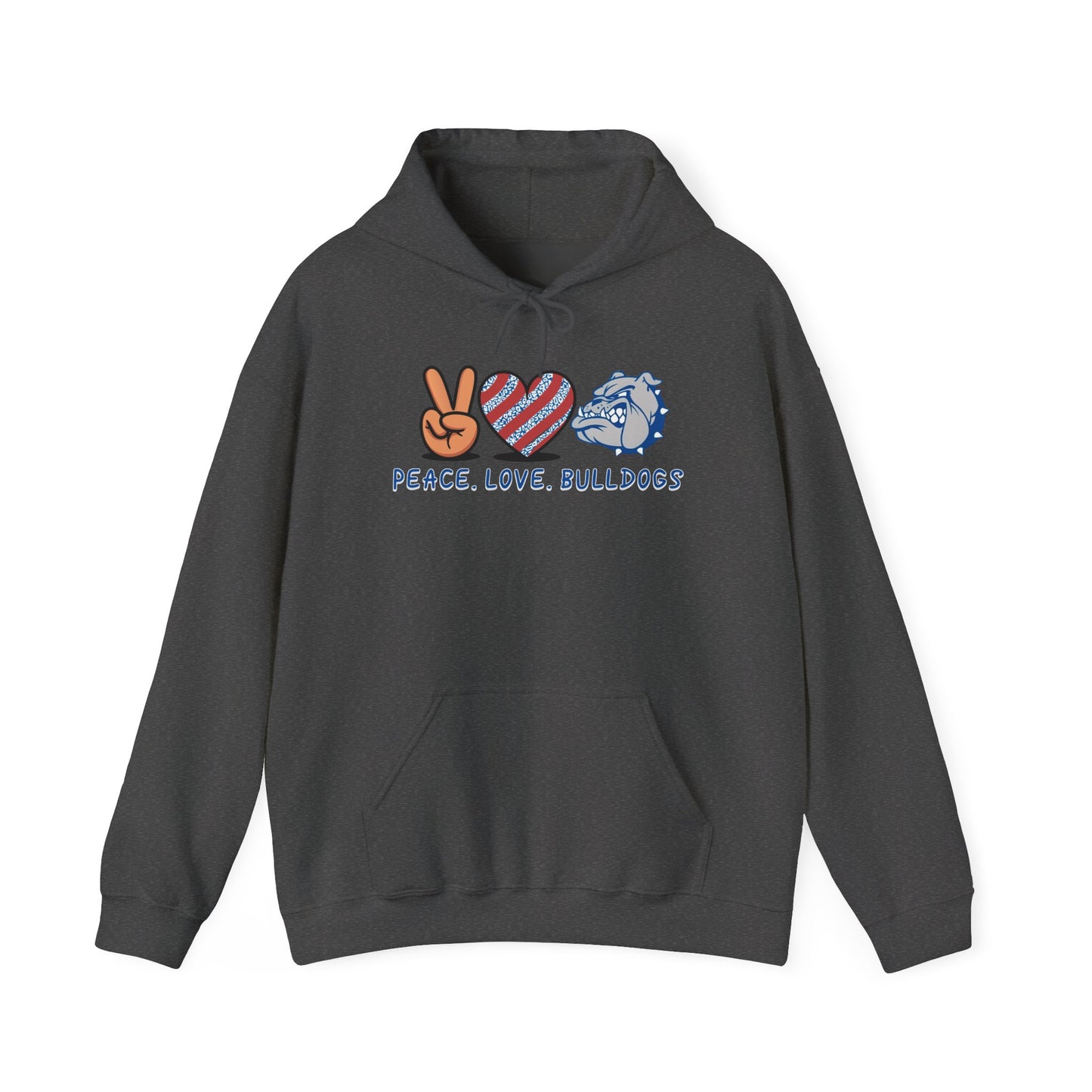 Peace Love Bulldogs Hoodie - Unisex Heavy Blend™ Sweatshirt, Casual Wear, Gift for Dog Lovers, Cozy Sweater, College Spirit Apparel
