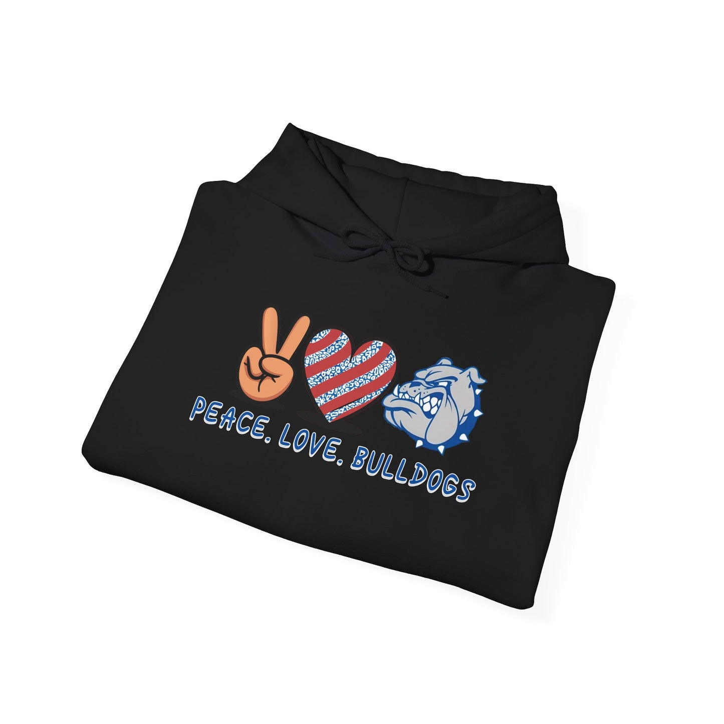 Peace Love Bulldogs Hoodie - Unisex Heavy Blend™ Sweatshirt, Casual Wear, Gift for Dog Lovers, Cozy Sweater, College Spirit Apparel