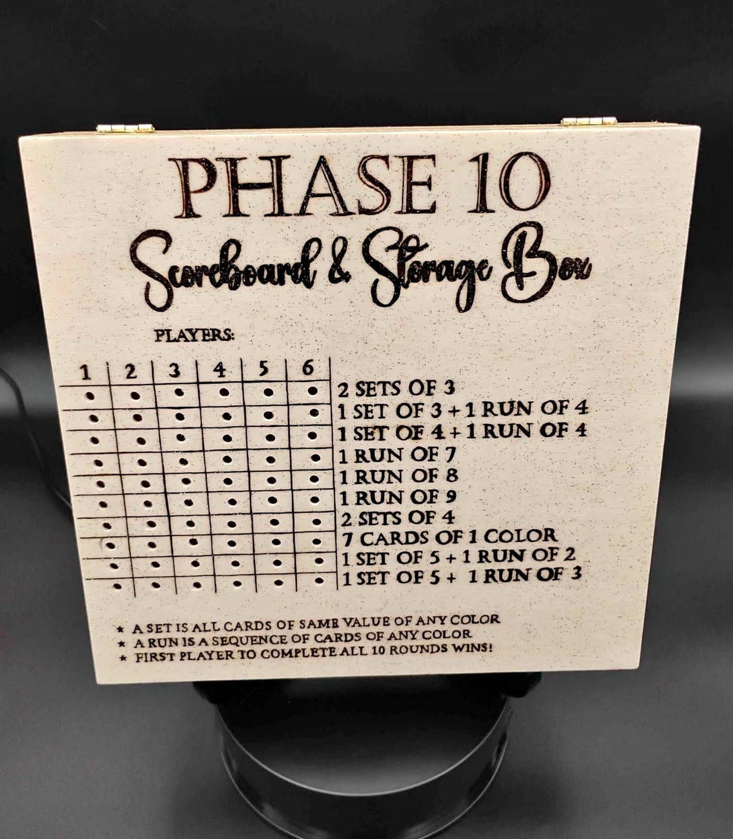 Hand-burned Phase 10 Scoreboard and Storage Box