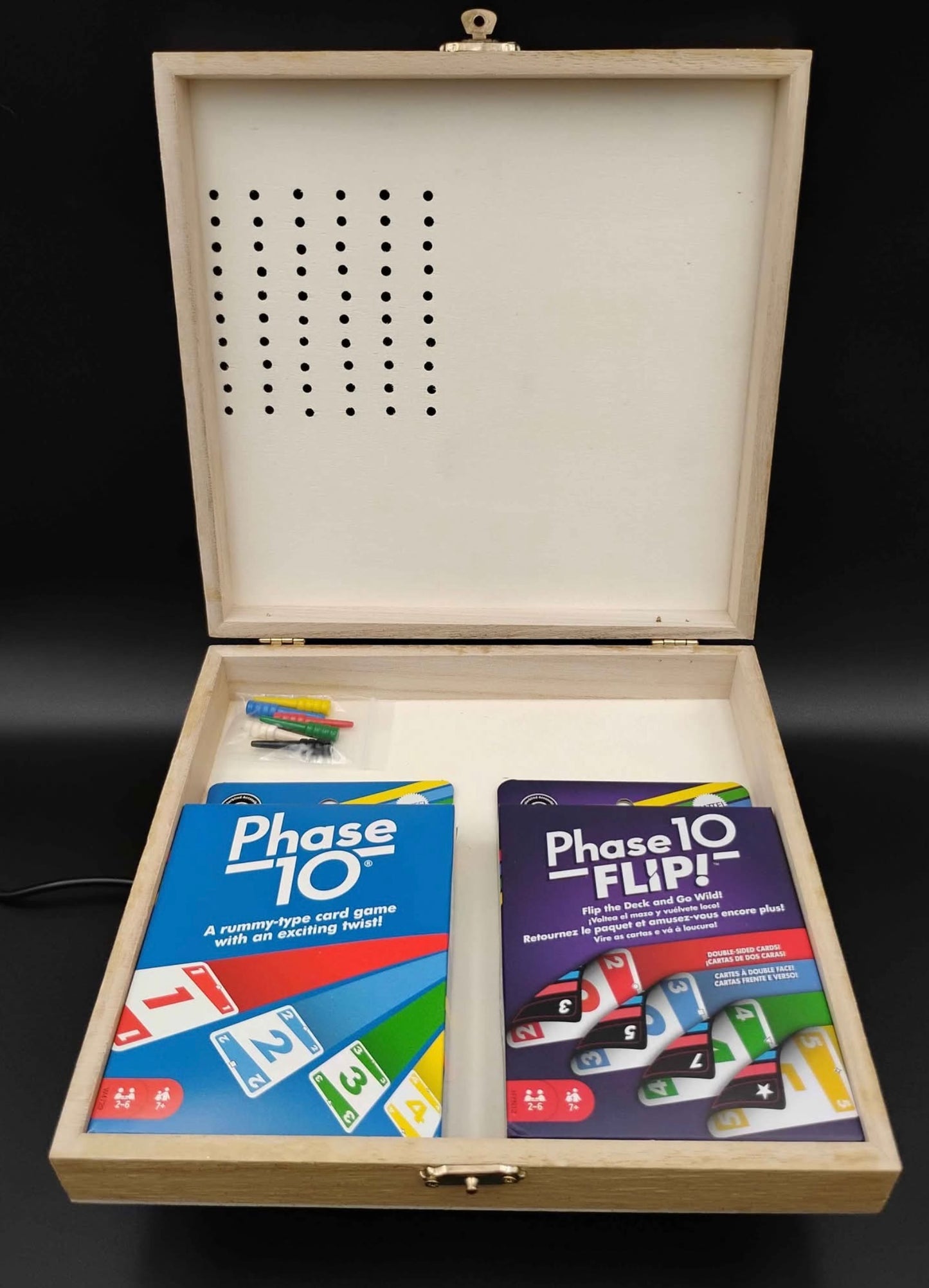 Hand-burned Phase 10 Scoreboard and Storage Box