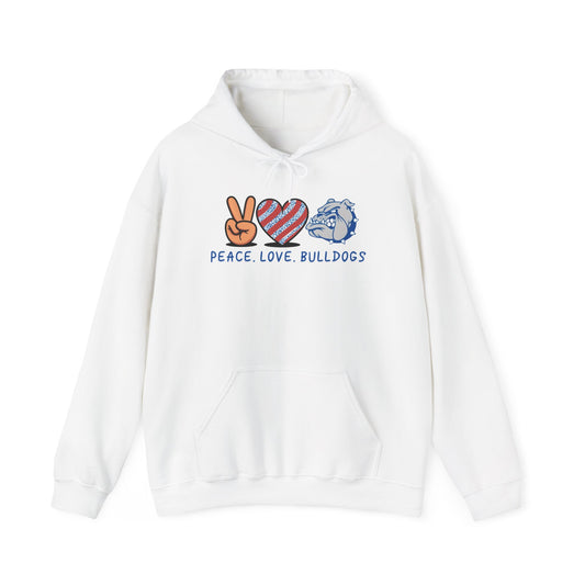 Peace Love Bulldogs Hoodie - Unisex Heavy Blend™ Sweatshirt, Casual Wear, Gift for Dog Lovers, Cozy Sweater, College Spirit Apparel
