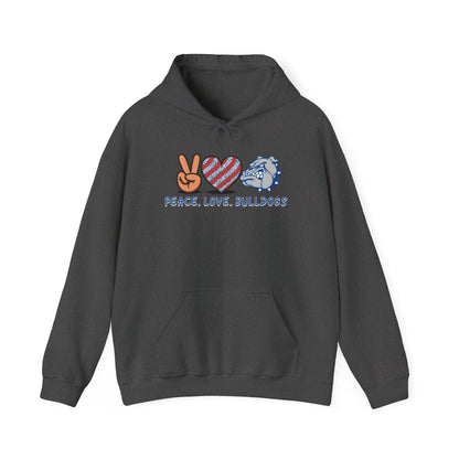 Peace Love Bulldogs Hoodie - Unisex Heavy Blend™ Sweatshirt, Casual Wear, Gift for Dog Lovers, Cozy Sweater, College Spirit Apparel
