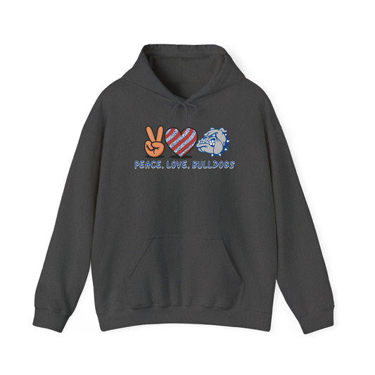 Peace Love Bulldogs Hoodie - Unisex Heavy Blend™ Sweatshirt, Casual Wear, Gift for Dog Lovers, Cozy Sweater, College Spirit Apparel