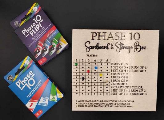 Hand-burned Phase 10 Scoreboard and Storage Box