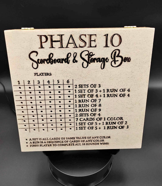 Hand-burned Phase 10 Scoreboard and Storage Box